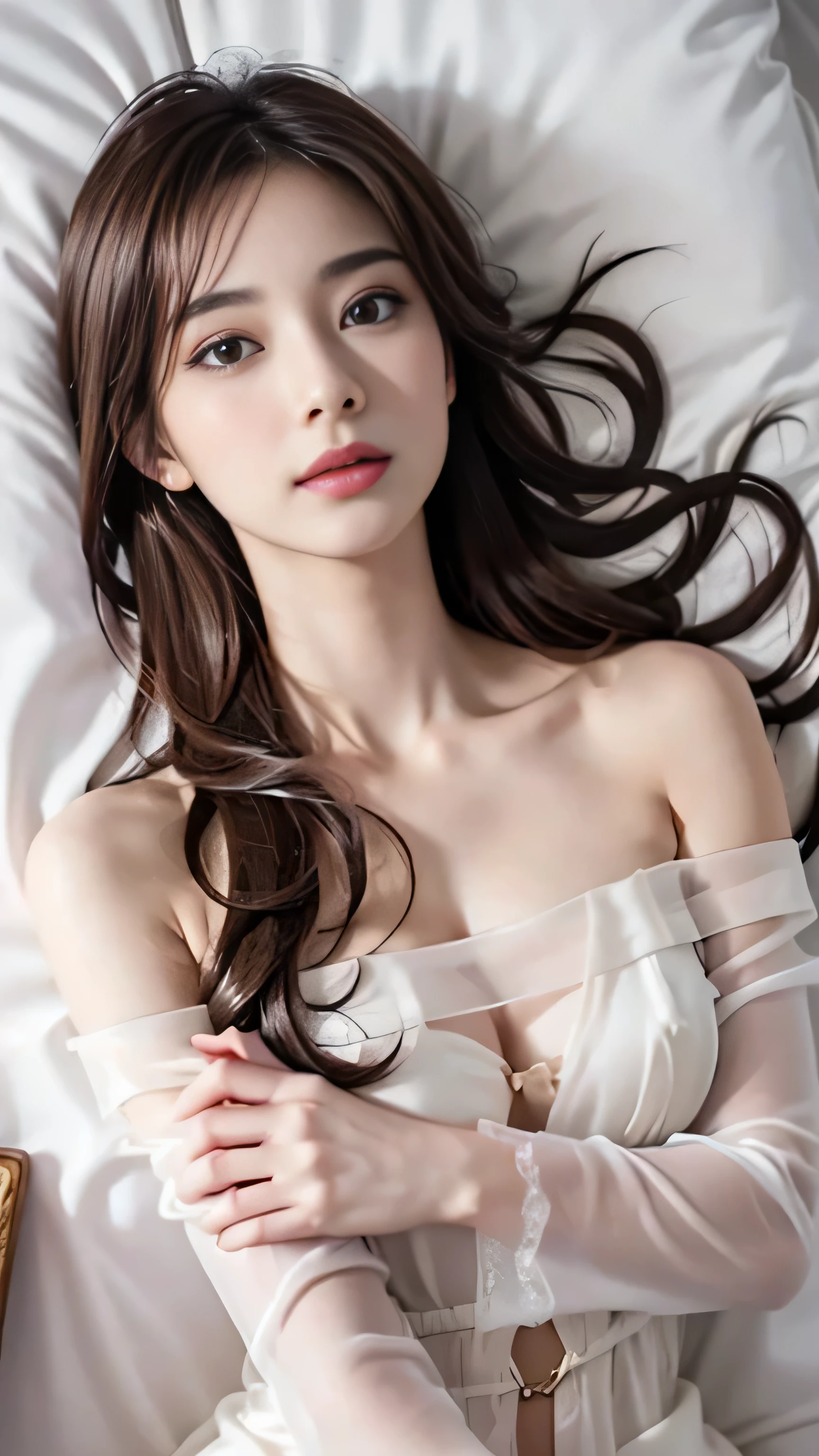 (1 girl:1.3), cinematic light, (table top, highest qualityの, highest quality, beautiful and aesthetic:1.3), very detailed,best details,(Super detailed),,
From above,(( lying in bed)),
alone, put your hand on your chest, Silky long hair, (brown hair), ((Translucent off-the-shoulder silk dress)), open chest,(The pink nipples are transparent)