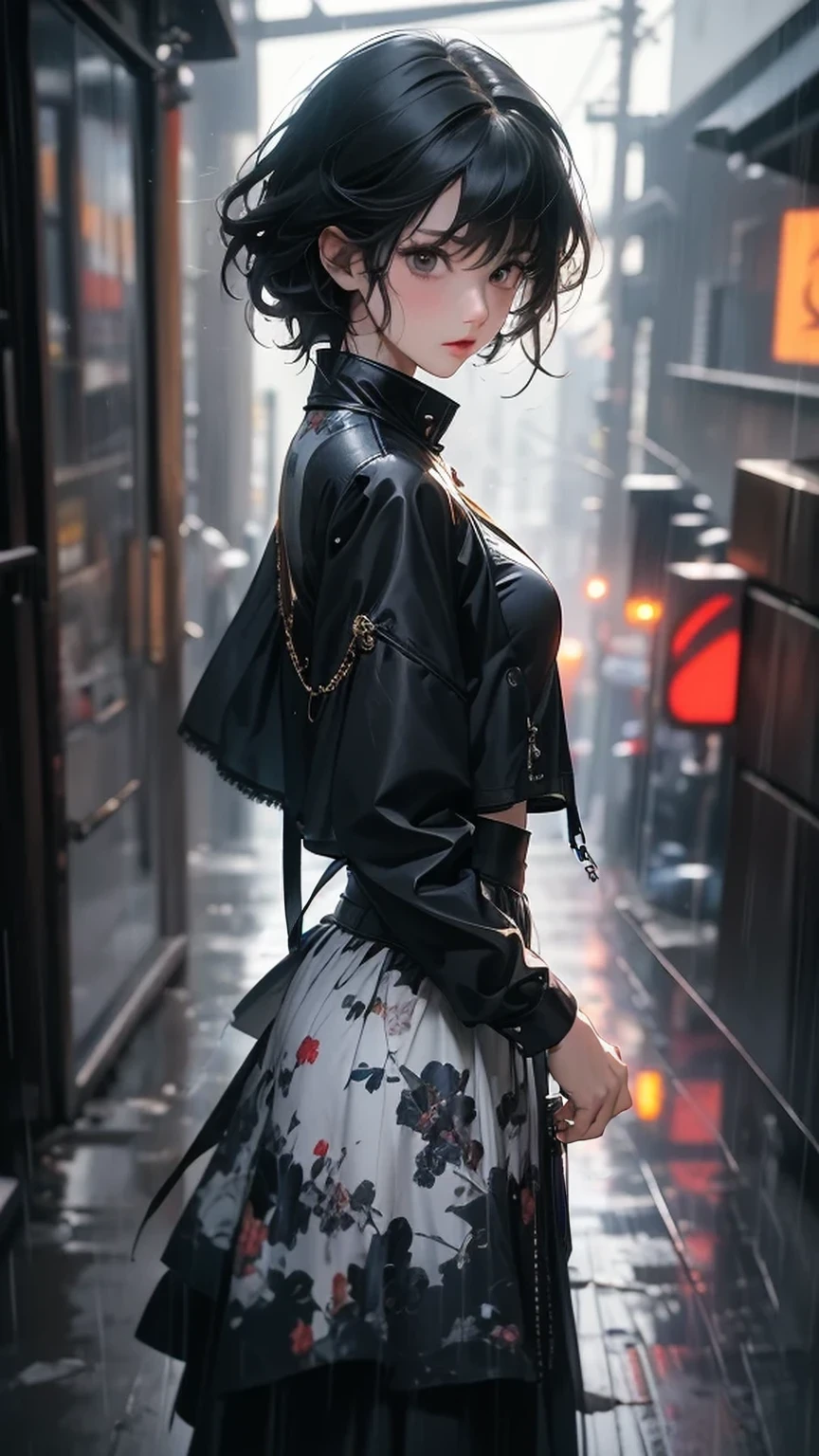 ((Highly detailed CG unit 8k wallpaper, masterpiece, High resolution, highest quality, highest qualityのリアルテクスチャスキン)), ((Hands in pockets pose:1.5, Fashion model posing with her back turned:1.2, A cool NY fashion girl influenced by nostalgic and inorganic mode fashion., detailed costume:1.2, Black complex lace layered maxi skirt and rider jacket combination:1.3, Monotone fashion, short hair, Nana Komatsu, hair wet with rainwater:1.3)), ((blurred background:1.2, An empty back alley with black and white graffiti art:1.2, Rain-soaked road surface)), ((Angle from above:1.3, Fisheye Shot:1.5)), hyper realistic, digital painting, concept art,