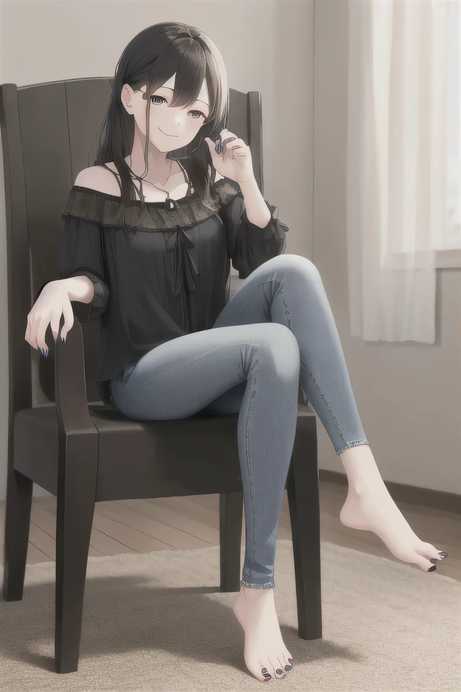 masterpiece, highest quality, High resolution, 1. A girl without shoes、I don&#39;t have shoes, Nails on toenails、smile, blouse、skinny denim、sitting, Chair