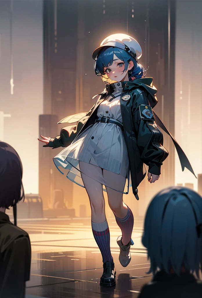 photo realistic, (masterpiece, best quality), 1girl,beauty,17yo,white beret hat,braid bunches hair, blue hair color with green mesh,long-sleeved dress,purple gradation vertical stripes pattern dress,mini skirt,black over knee socks,((see-through white raincoat)),see-through white rain boots,on avenue in the cyberpunk metropolis, baby face,eyes with large irises, small mouth, fresh lips,nose blush,5finger, fullbody, intricate details, depth of field,beautiful lighting, volumetric lighting, dynamic angle, (photographic portrait), sharp,