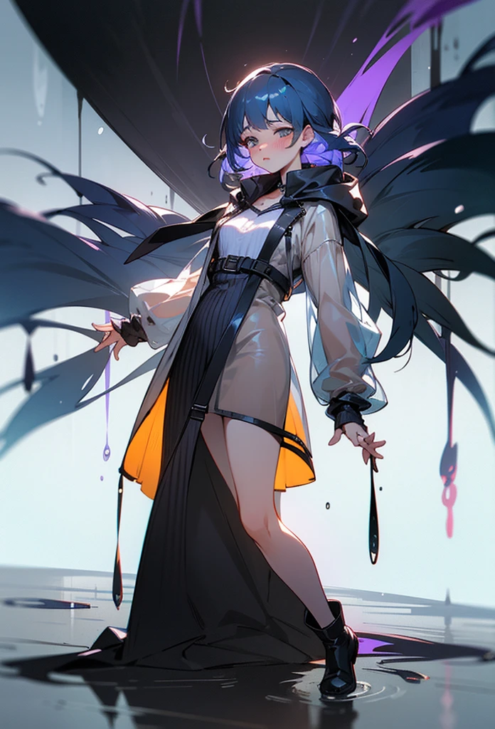 photo realistic, (masterpiece, best quality), 1girl,beauty,17yo,white beret hat,braid bunches hair, blue hair color with green mesh,long-sleeved dress,purple gradation vertical stripes pattern dress,mini skirt,black over knee socks,((see-through white raincoat)),see-through white rain boots,on avenue in the cyberpunk metropolis, baby face,eyes with large irises, small mouth, fresh lips,nose blush,5finger, fullbody, intricate details, depth of field,beautiful lighting, volumetric lighting, dynamic angle, (photographic portrait), sharp,