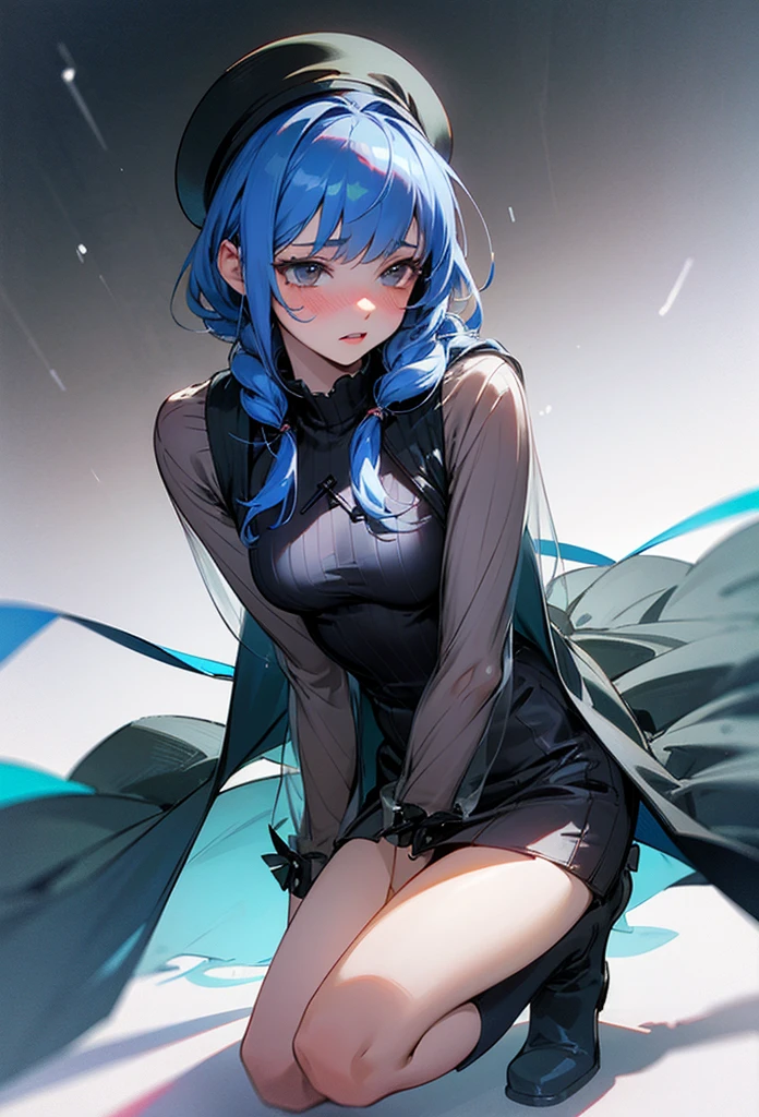 photo realistic, (masterpiece, best quality), 1girl,beauty,17yo,white beret hat,braid bunches hair, blue hair color with green mesh,long-sleeved dress,purple gradation vertical stripes pattern dress,mini skirt,black over knee socks,((see-through white raincoat)),see-through white rain boots,on avenue in the cyberpunk metropolis, baby face,eyes with large irises, small mouth, fresh lips,nose blush,5finger, fullbody, intricate details, depth of field,beautiful lighting, volumetric lighting, dynamic angle, (photographic portrait), sharp,