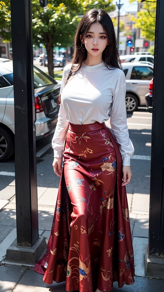 (8k, raw photos, realistic: 1.25), (lip balm, eyelash, shiny face, shiny skin, best quality, Ultra high resolution, depth of field, Chromatic aberration, Moisturized lips, A specially trimmed face, Eyes with sparkling details, black hair, Very long., 1 girl, wearing amm shirt, red top, long sleeve, Wear a long skirt., red long skirt acm, print skirt), (Huge breasts, เต้าBig tits, Eye-catching breasts, Big tits), outdoor, sunlight., like full body, see the whole body, See every part of the body.,