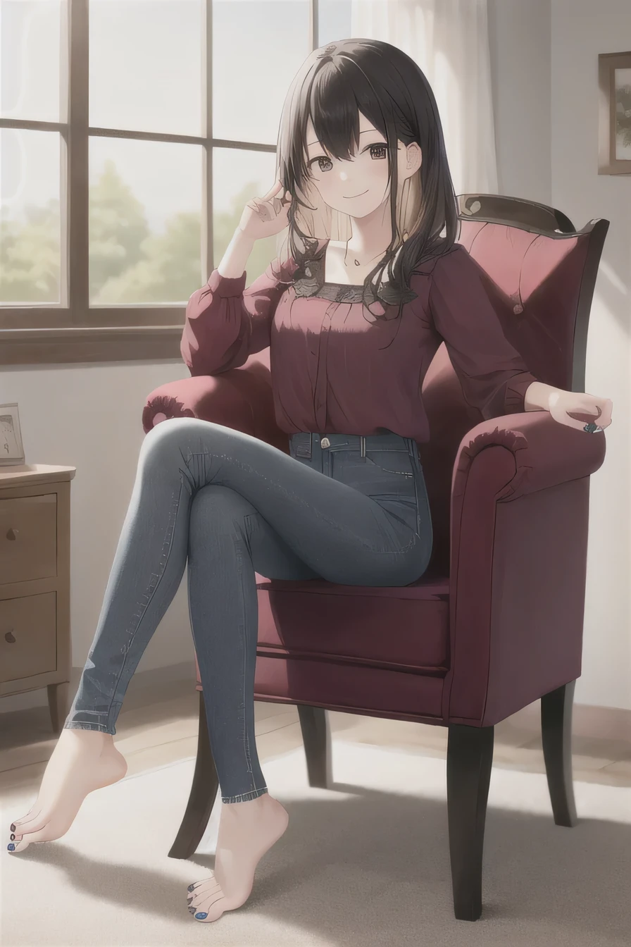 masterpiece, highest quality, High resolution, 1. A girl without shoes、I don&#39;t have shoes, Nails on toenails、smile, blouse、skinny denim、sitting, Chair