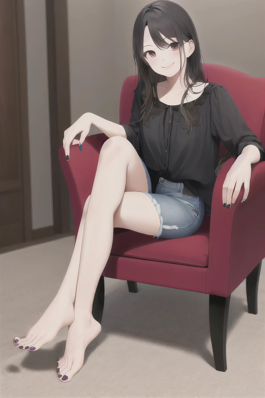 masterpiece, highest quality, High resolution, 1. A girl without shoes、I don&#39;t have shoes, Nails on toenails、smile, blouse、skinny denim、sitting, Chair