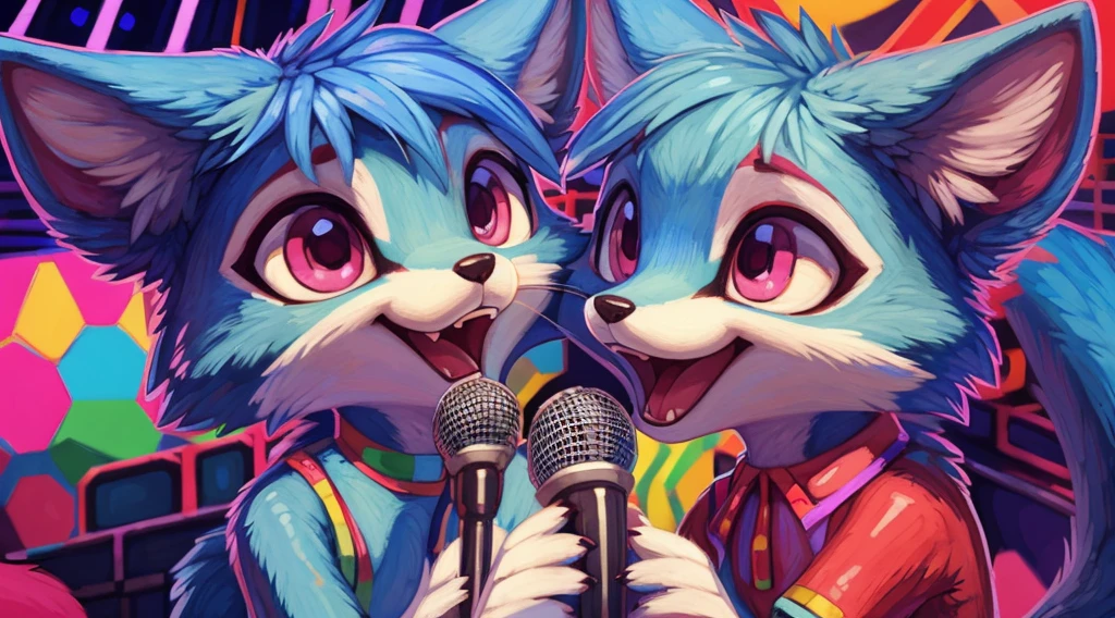 Furry art, beautiful furry art, foxes, (blue fur), small, skinny, slim, cute, pink eyes, wearing fashion clothes, females, sibling twins foxes, anthro, singing with passion, open mouth, abstracted stage background, vivid colors, (pixelsketcher illustration), hioshiru syuro artstyle, holds a microphone.