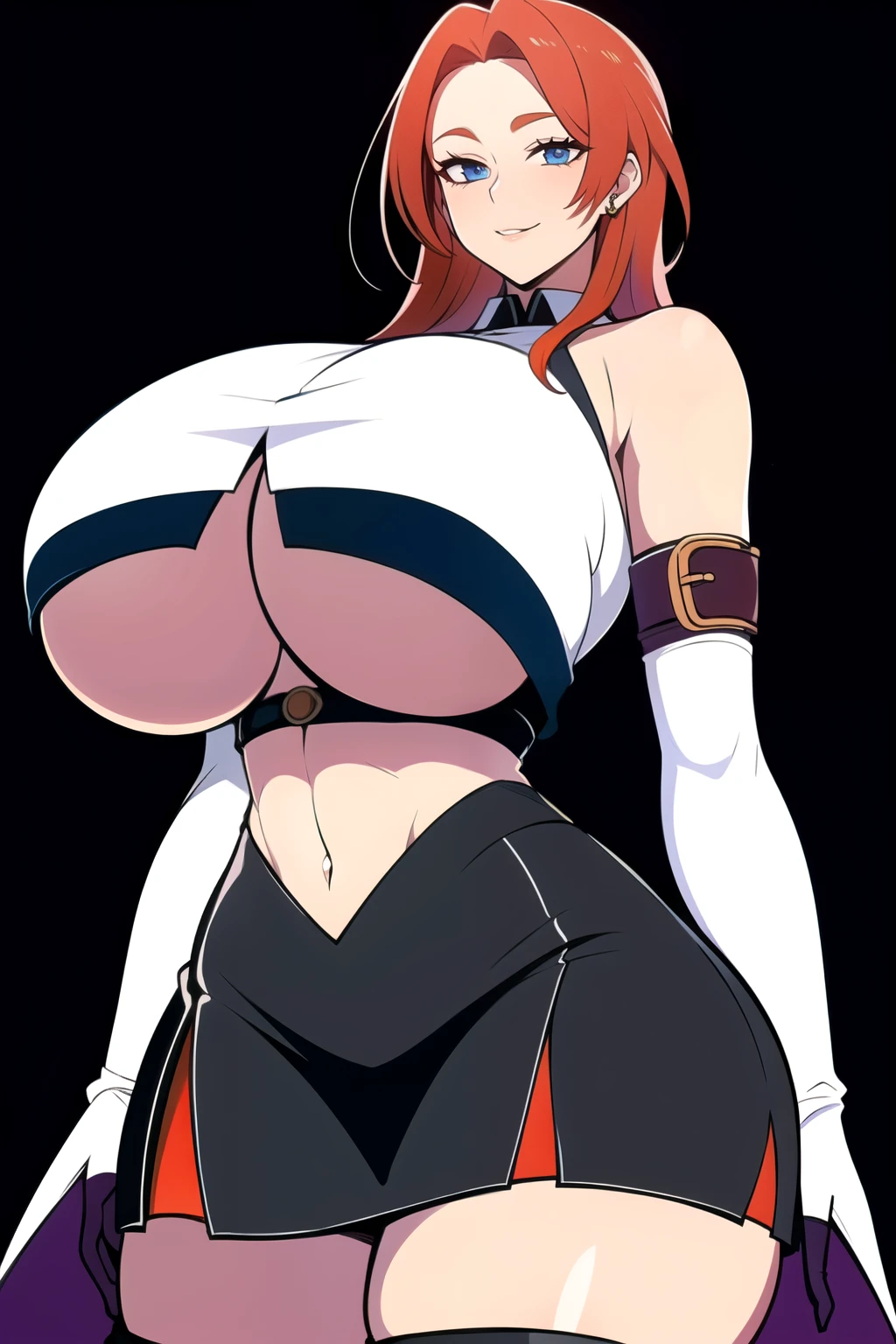 ultra realistic 8k cg, masterpiece, ((ultra detailed background, intricate detail, highly detailed, fine details best quality, hyperdetailed face)), gigantic breasts ,beautiful lighting, absurdres, BoaHancockV2, 1girl, solo, (orange hair :1.4), long hair, jewelry, closed mouth, ), ((black crop top : 1.1), (underboob : 1.4), elbow gloves, thigh boots, split skirt, bare shoulders, curvy, midriff, curvy, thighs, shiny clothes), blue eyes, complex detailed background, inside, luxury palace), ((cowboy shot)), curvy, (gigantic breasts: 1.1), seductive smile, cowboy shot,