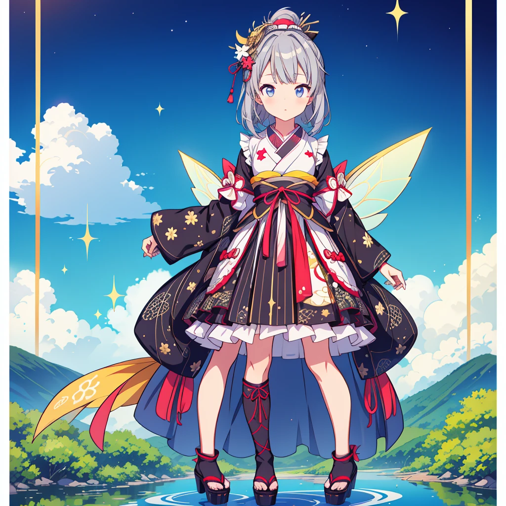 highest quality、8K,handsome face、vtuber-halfbody、A picture of the front straight towards the viewer、Star Fairy、Full body front portrait、front、1girl,highest quality、masterpiece、official art、Super detailed、super beautiful、Cute Star Fairy、Gray hair straight long、Milky Way、universe、star charm、star、baby face、Knee-high boots、Japanese pattern dress、A beautiful girl wearing black and white clothes that are a remake of a yukata.、Oiran frill dress reminiscent of universe、