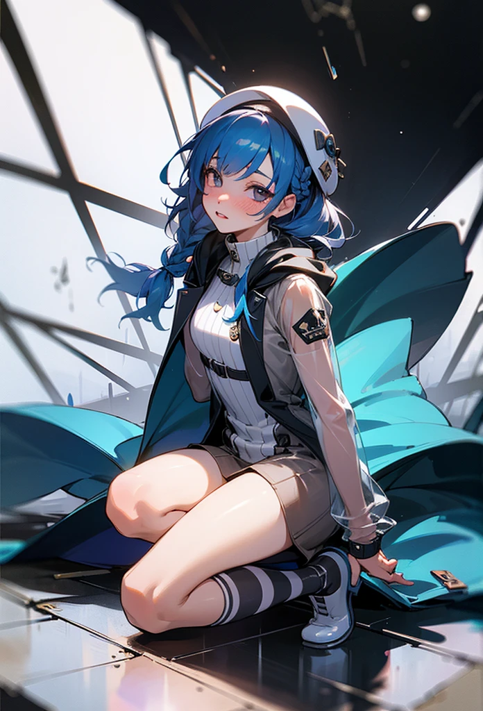 photo realistic, (masterpiece, best quality), 1girl,beauty,yo,see-through white beret hat,braid bunches hair, blue hair color with green mesh,long-sleeved dress,purple gradation vertical stripes pattern dress,mini skirt,black over knee socks,((see-through white raincoat)),see-through white rain boots,on avenue in the cyberpunk metropolis, bayes with large irises, small mouth, fresh lips,nose blush,5finger, fullbody, intricate details, depth of field,beautiful lighting, volumetric lighting, dynamic angle, (photographic portrait), sharp,