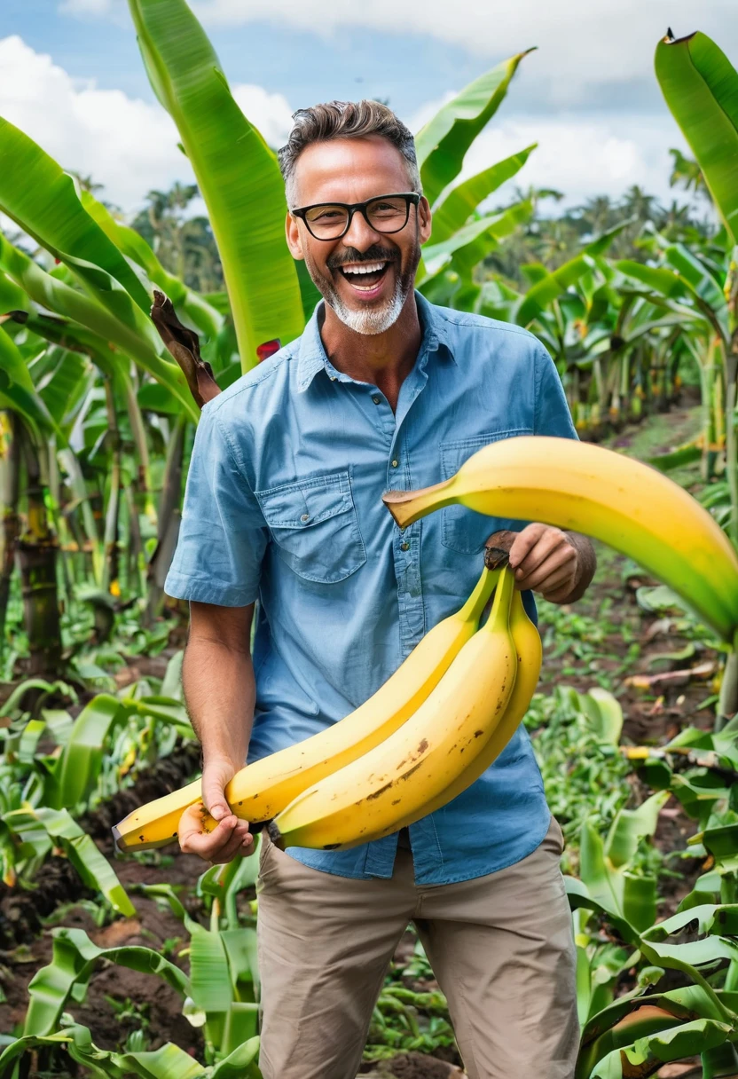 Male teacher in the middle of a banana plantation having fun