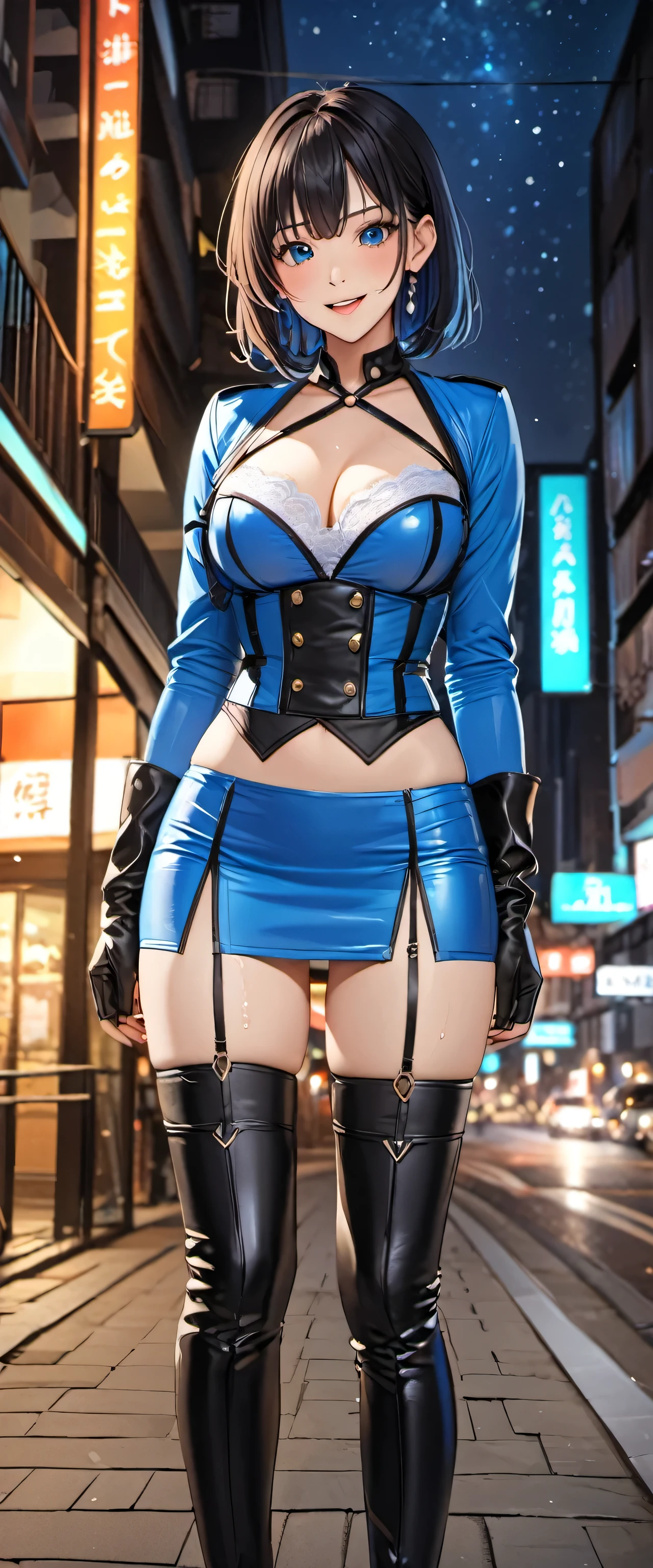 woman,20-year-old,,city,night,(((white and blue tight miniskirt))),,open mouth smile((leather thigh high boots))(garter belt),((black hair)),blush、surprised face,(())(wet with sweat)