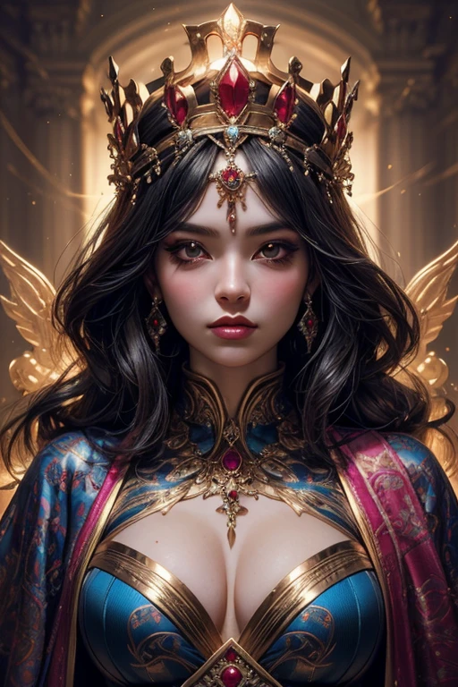 ((best quality)), ((masterpiece)), (detailed), person wearing costume, (Behance contest winner:1.2), fantasy art, crown of giant rubies, 3D goddess portrait, style of Ross Tran, captivating lighting, 8k resolution, striking facial expression, (elaborate costume details:1.3), vibrant colors, powerful presence, (ethereal glow:1.1)