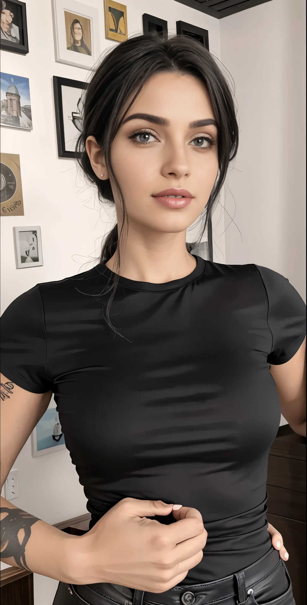 there is a woman with a tattoo on her arm and a black shirt, jovem lindo amouranto, wearing camisa apertada, camisa apertada, ombros centrados para cima, 3D Demo Roll Avatar, avatar da parte superior do corpo, blusa preta, rotoscopia, she is wearing a black blouse, Ela tem cabelo preto, retrato vfx altamente detalhado, mais conhecido como amouranto