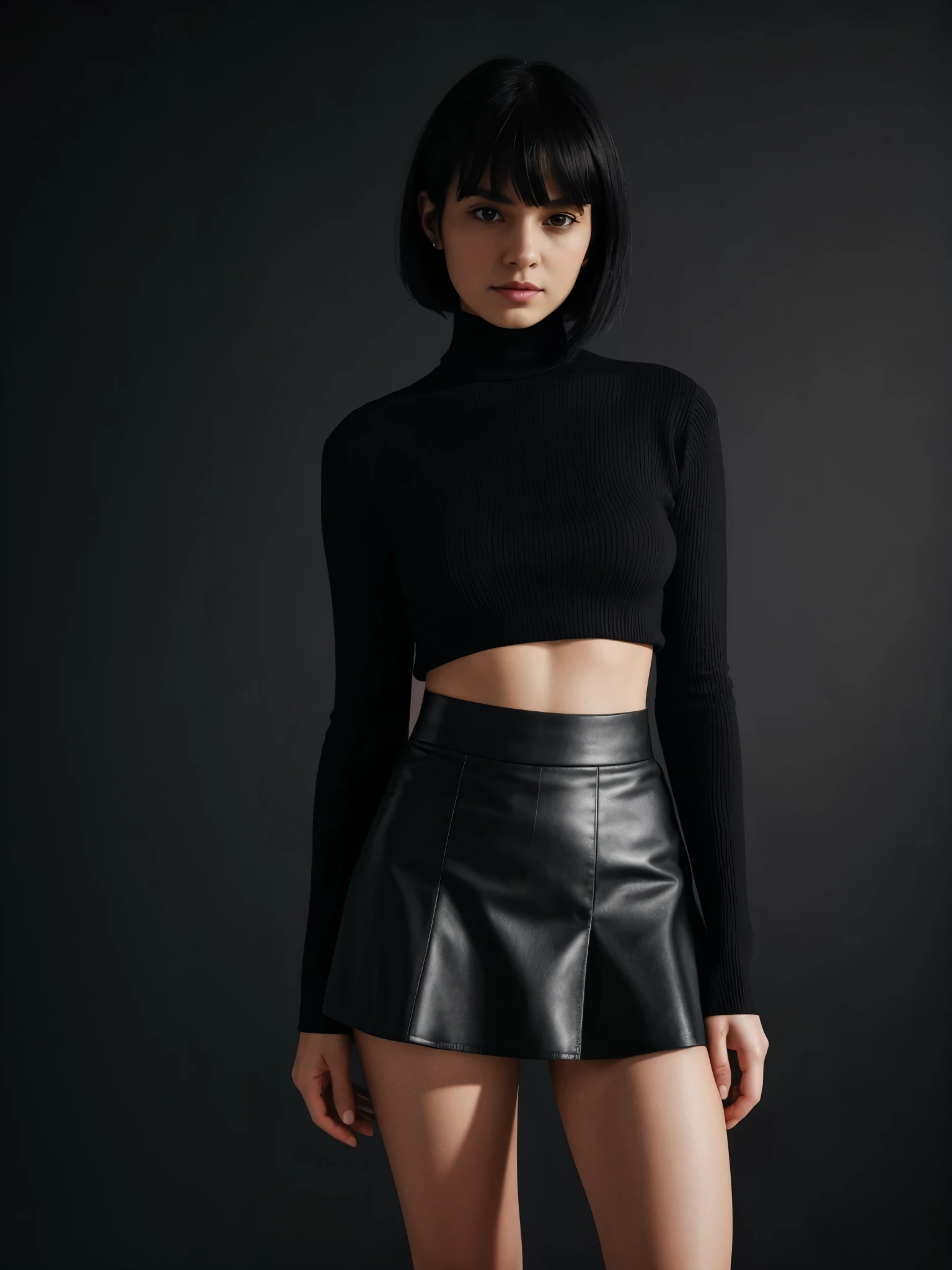 Magazine style photo of a young woman with black messy bob hair wearing a maroon cropped short sleeve turtleneck and tucked in black skirt inspired by Armani and Céline, indirect lighting, studio portrait, dark plain background, dynamic pose, beautiful body, 160 cm 50 kg, Soho, shot on Kodak Colorplus 200, film photography, f1.8 50mm lens