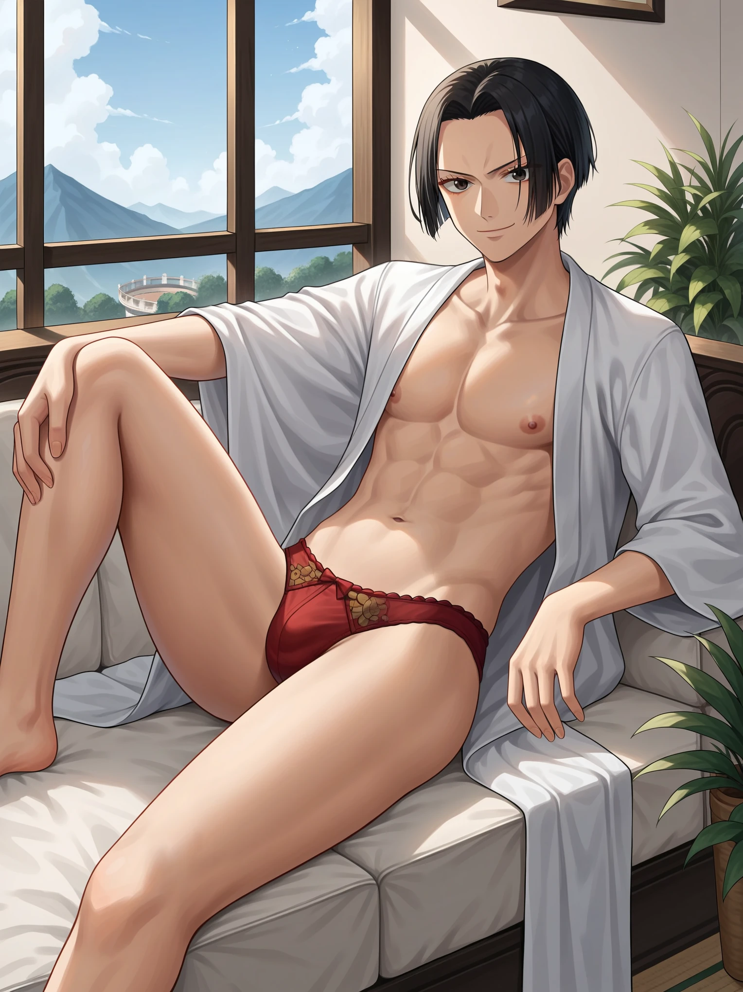 source_anime,score_9,score_8_up, score_7_up, 1boy,solo,outdoors,one piece, boa hancock, couch, indoors, seductive, face closeup, ((closed mouth)), smirk, thighs, long shot, balcony, mountain background, fancy, white couch, laying, leaning, fronr view, red underwear, red panties with rope outline, white robe, genderswap, genderbend, bulge, genderbend ftm, ftm, short hair, femboy