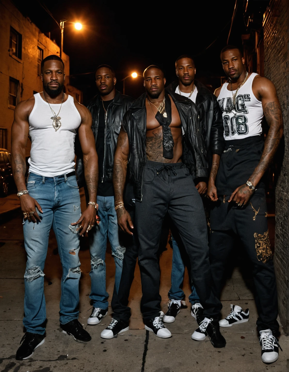 A full body photo of a gang of lustful, strong black men, in the ghetto, at night