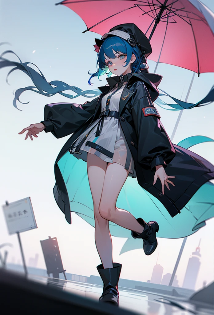 photo realistic, (masterpiece, best quality), 1girl,beauty,17yo,see-through white beret hat,braid bunches hair, blue hair color with green mesh,long-sleeved dress,purple gradation vertical stripes pattern dress,mini skirt,black over knee socks,((see-through white raincoat)),see-through white rain boots,on avenue in the cyberpunk metropolis, baby face,eyes with large irises, small mouth, fresh lips,,5finger, fullbody, intricate details, depth of field,beautiful lighting, volumetric lighting, dynamic angle, (photographic portrait), sharp,