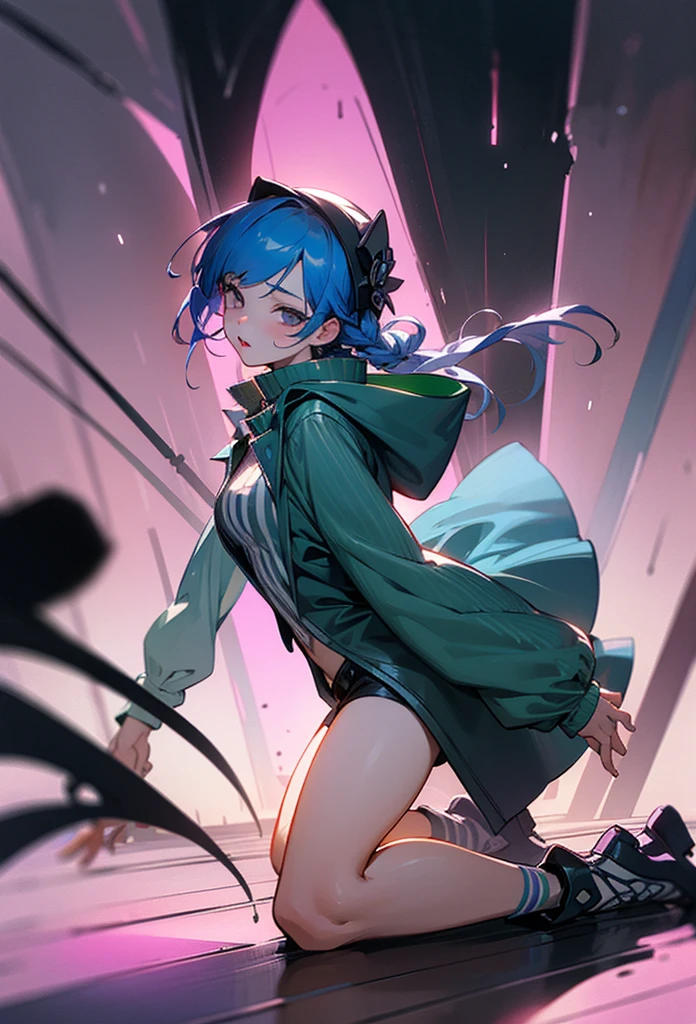 Konan de 'Naruto', showing your whole body. She must be in an elegant and determined pose, wearing the Akatsuki cloak with red clouds. Capture your blue locks styled into a bun with an origami flower attached, and your expressive amber eyes.Add details to your serious and confident expression, and include origami elements around it, like papers shaped like wings or petals floating in the air. The texture and folds of the papers must be visible, highlighting your unique skill.The background can be a gloomy scene or a desolate landscape, reinforcing the Akatsuki atmosphere. Use shadows and dramatic lighting to emphasize the details of the mantle, origami elements, and Konan's enigmatic presence