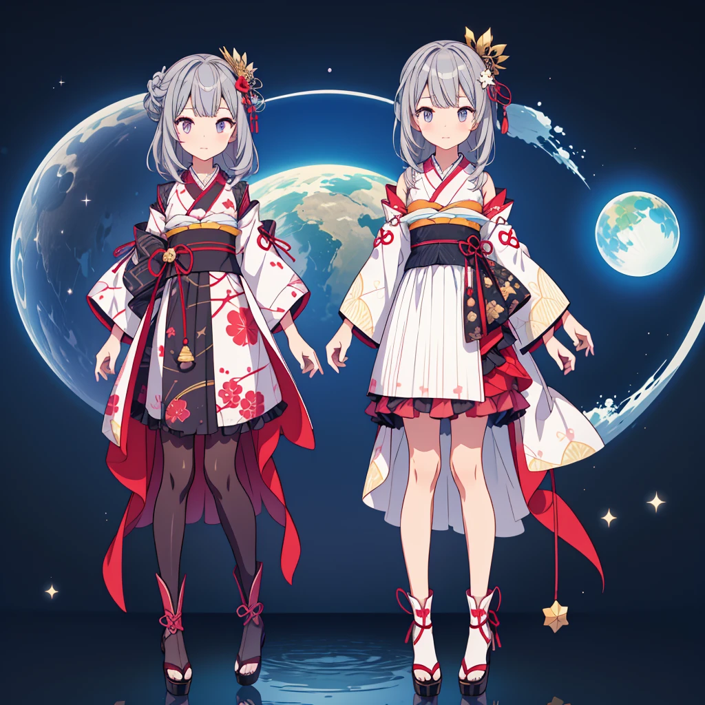 highest quality、8K,handsome face、vtuber-halfbody、A picture of the front straight towards the viewer、Star Fairy、Full body front portrait、front、1girl,highest quality、masterpiece、official art、Super detailed、super beautiful、Cute Star Fairy、Gray hair straight long、Milky Way、universe、star charm、star、baby face、Knee-high boots、Japanese pattern dress、A beautiful girl wearing black and white clothes that are a remake of a yukata.、Oiran frill dress reminiscent of universe、
