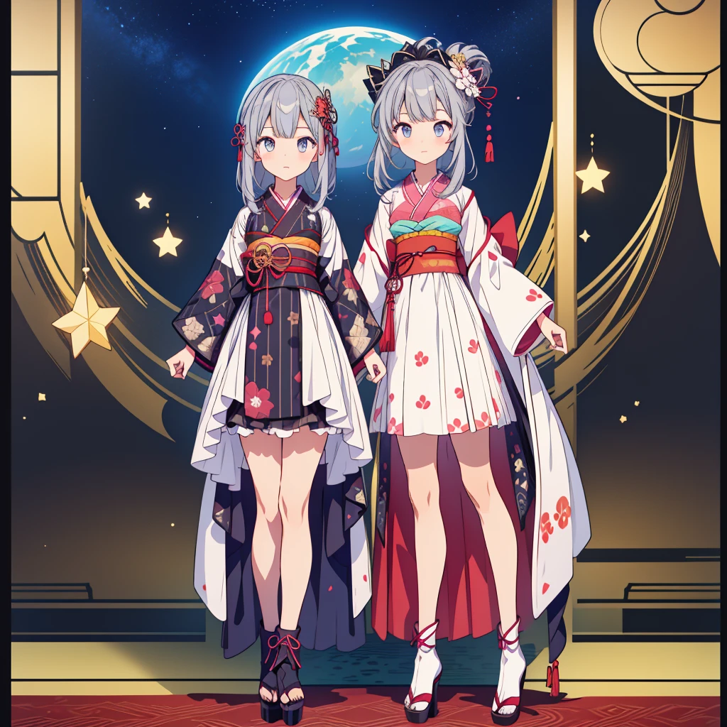 highest quality、８K,handsome face、vtuber-halfbody、A picture of the front straight towards the viewer、Star Fairy、Full body front portrait、front、1girl,highest quality、masterpiece、official art、Super detailed、super beautiful、Cute Star Fairy、Gray hair straight long、Milky Way、universe、star charm、star、、Knee-high boots、Japanese pattern dress、A beautiful girl wearing black and white clothes that are a remake of a yukata.、Oiran frill dress reminiscent of universe、