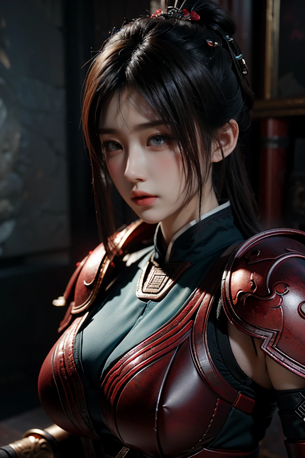 Masterpiece,Game art,The best picture quality,Highest resolution,8K,(Portrait),Unreal Engine 5 rendering works,(Digital Photography),
Girl,Beautiful pupil,(Gradual short hair is blue and red),Busty,(Big breasts),(Portrait photography:1.5),
(A chivalrous woman in Tang Dynasty),Casual hairstyle,Delicate faces,(Full breasts,Big breasts),Serious,Cool and elegant,(Wearing combat armor combined with the characteristics of ancient Chinese clothing,A complex pattern,Mysterious light,Hollow Armor),(Red and black),Ancient fantasy style characters
Movie lights,Ray tracing,Game CG,((3D Unreal Engine)),oc render reflection texture