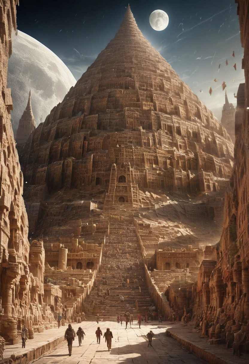 cowboy, walking to the tower of babel, moon, detailed background, (Realistic, photoRealistic, photo-Realistic:1.37), best quality, masterpiece, very aesthetic, perfect composition, intricate details, ultra-detailed, Animagine