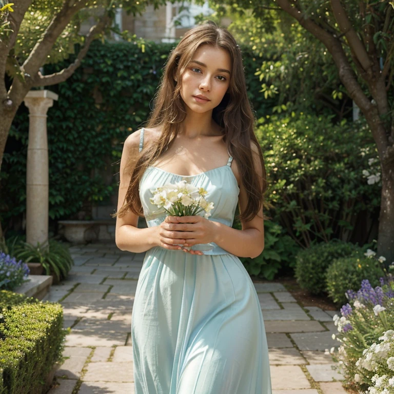 Albanian, girl, long brown hair, blue eyes, 40DD, A girl with flowing golden hair and mesmerizing blue eyes, wearing an elegant white dress, standing in the midst of a vibrant garden filled with blooming flowers and lush greenery. The sunlight gently illuminates her delicate features, casting a soft glow on her flawless skin. She holds a delicate butterfly in her hand, while a gentle breeze swirls around her, causing the flowers to dance in harmony. The scene is captured in a breathtaking oil painting, with every detail meticulously crafted to create a masterpiece. The colors are vibrant and vivid, with a hint of ethereal pastel tones, giving the artwork a dreamlike quality. The lighting is soft and diffused, creating a serene and tranquil ambiance. The high-resolution image showcases the artist's impeccable skill, capturing every intricate detail with precision. The overall atmosphere exudes a sense of beauty, grace, and enchantment. The artwork is reminiscent of classical portraits, with a touch of fantasy and whimsy, evoking emotions of wonder and awe.