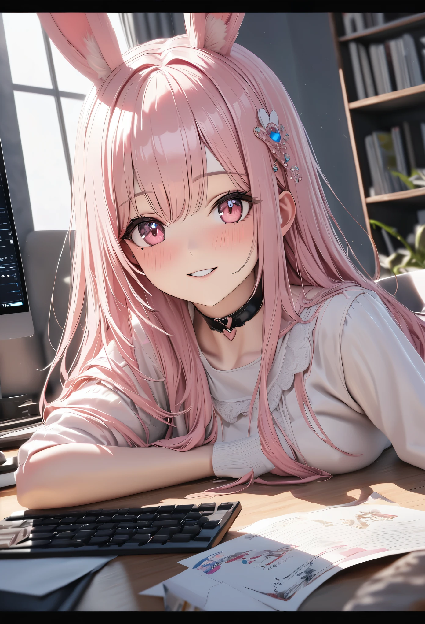 masterpiece,highest quality, Super detailed, High resolution, expensive resolution, HDR, 4k, 8K, unity 8k wallpaper, Super detailed CG, masterpiece, photo realistic, 2D, 3D, beautiful details, depth, fine texture , super fine: 1.3, Fully focused, Crispy.skin, .he,
Very cute anime girl with Pink semi-long hair wearing expensive , one girl, smile、alone, Pink semi-long hair, animal ears, rabbit ears, office、business services、computer、disk、mole under the eye, looking at the viewer , expensive , blush, mole, rabbit ears, parted lips, hair ornaments, heart, pink eyes, choker