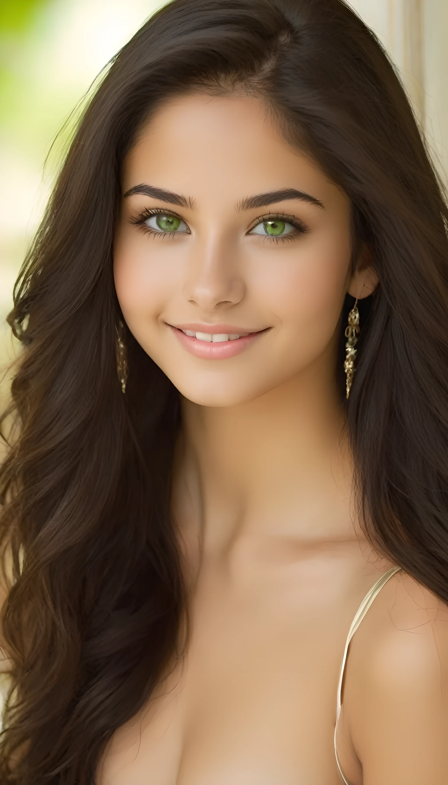 realistic photograph of a beautiful 20 years old Mexican girl, with a slim face, cute face, hot body, cute smile, beautiful green eyes, long dark luscious hair with side-parted hairstyle, hyper-detailed photography, soft light, head and shoulders portrait, pale skin, medium breasts, full body, lips, realistic, nose, real skin