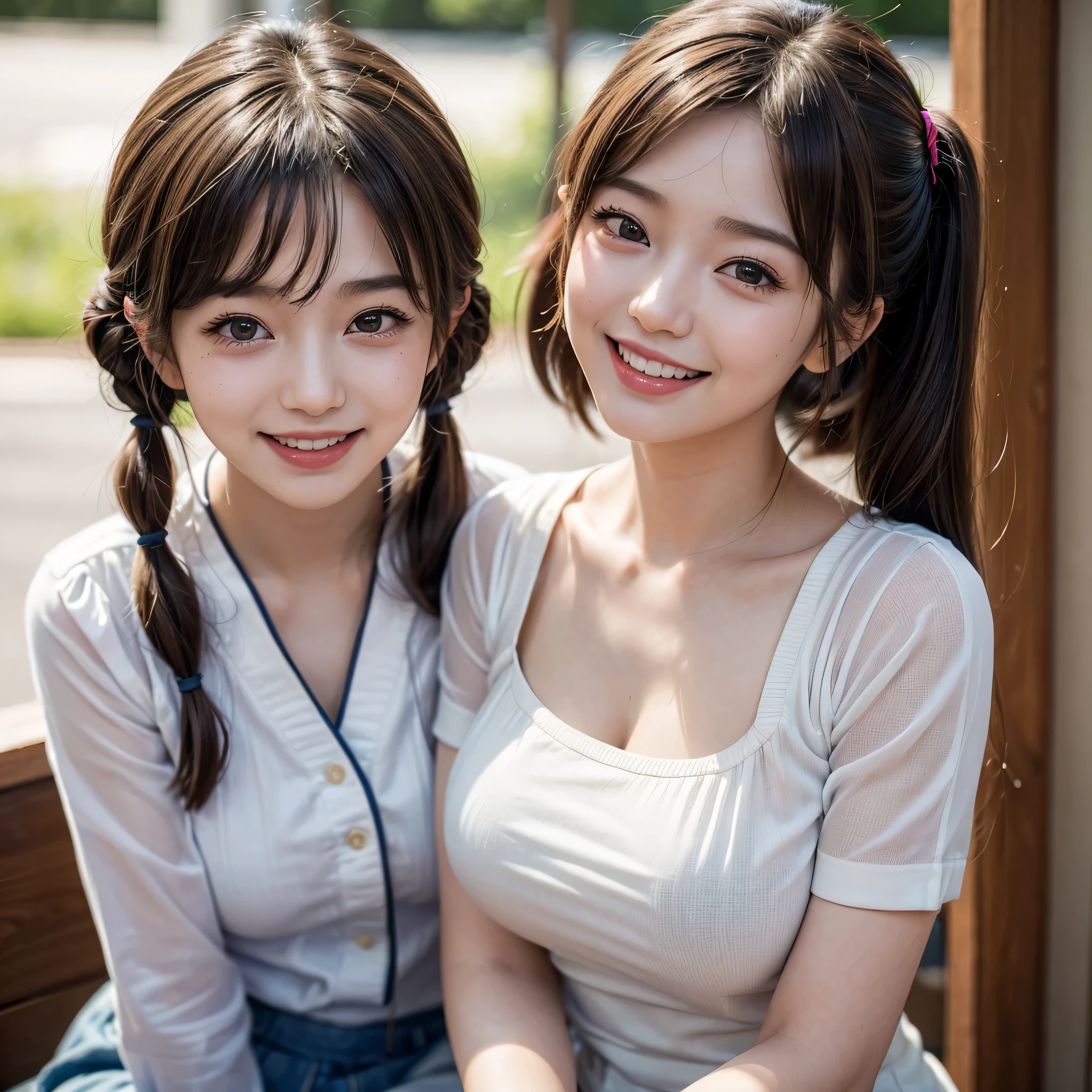 (masterpiece, best quality:1.4), (Realstic, photorealestic:1.37), from the front, (((POV))), bokeh, shallow depth of field, Japanese idol, high school student, big tits, brown Shortcut Hair, twintails, big laugh,cute clothes,(((looking at viewer))), ero