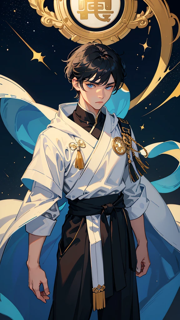 whole body，Seventeen-year-old boy，Handsome, fair skin, determined eyes, Height 172cm，black hair，M-shaped bangs，Starry blue eyes，White and gold Chinese ancient style god cloak，A black belt around the waist，There is a Tang sword on his waist，Poker face , short hair, Deep starry blue eyes, Stand up straight