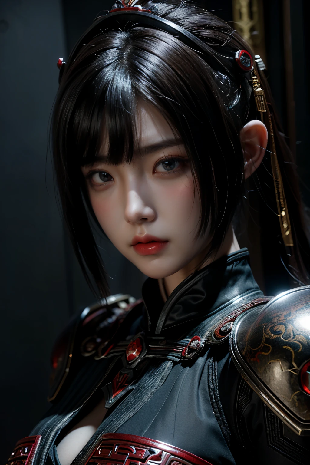 Masterpiece,Game art,The best picture quality,Highest resolution,8K,(Portrait),Unreal Engine 5 rendering works,(Digital Photography),
Girl,Beautiful pupil,(Gradual short hair is blue and red),Busty,(Big breasts),(Portrait photography:1.5),
(A chivalrous woman in Tang Dynasty),Casual hairstyle,Delicate faces,(Full breasts,Big breasts),Serious,Cool and elegant,(Wearing combat armor combined with the characteristics of ancient Chinese clothing,A complex pattern,Mysterious light,Hollow Armor),(Red and black),Ancient fantasy style characters
Movie lights,Ray tracing,Game CG,((3D Unreal Engine)),oc render reflection texture