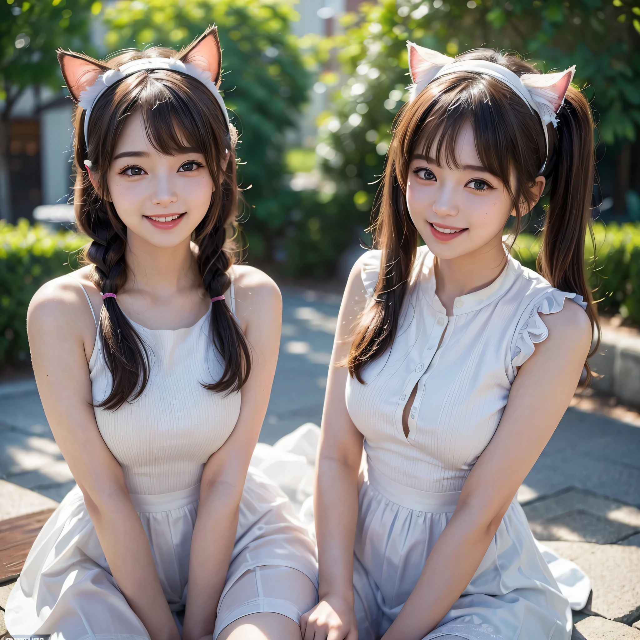 (masterpiece, best quality:1.4), (Realstic, photorealestic:1.37), from the front, (((POV))), bokeh, shallow depth of field, Japanese idol, high school student, big tits, brown Shortcut Hair, twintails, big laugh,cute clothes,(((looking at viewer))), erotic, white Cat ear headband