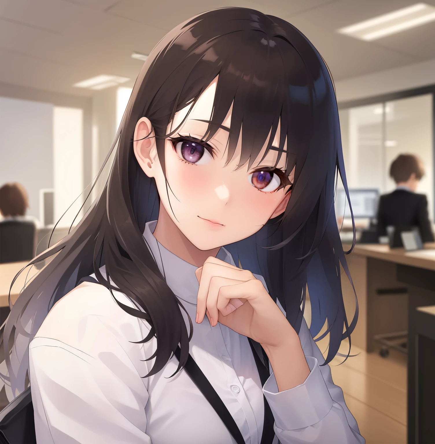 The background is an office、right shoulder