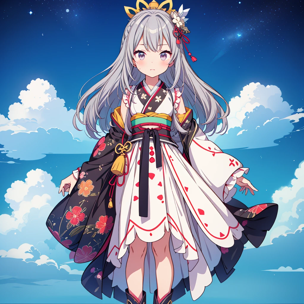 highest quality、8K,handsome face、vtuber-halfbody、A picture of the front straight towards the viewer、Star Fairy、Full body front portrait、front、1girl,highest quality、masterpiece、official art、Super detailed、super beautiful、Cute Star Fairy、Gray hair straight long、Milky Way、universe、star charm、star、baby face、Knee-high boots、Japanese pattern dress、A beautiful girl wearing black and white clothes that are a remake of a yukata.、Oiran frill dress reminiscent of universe、