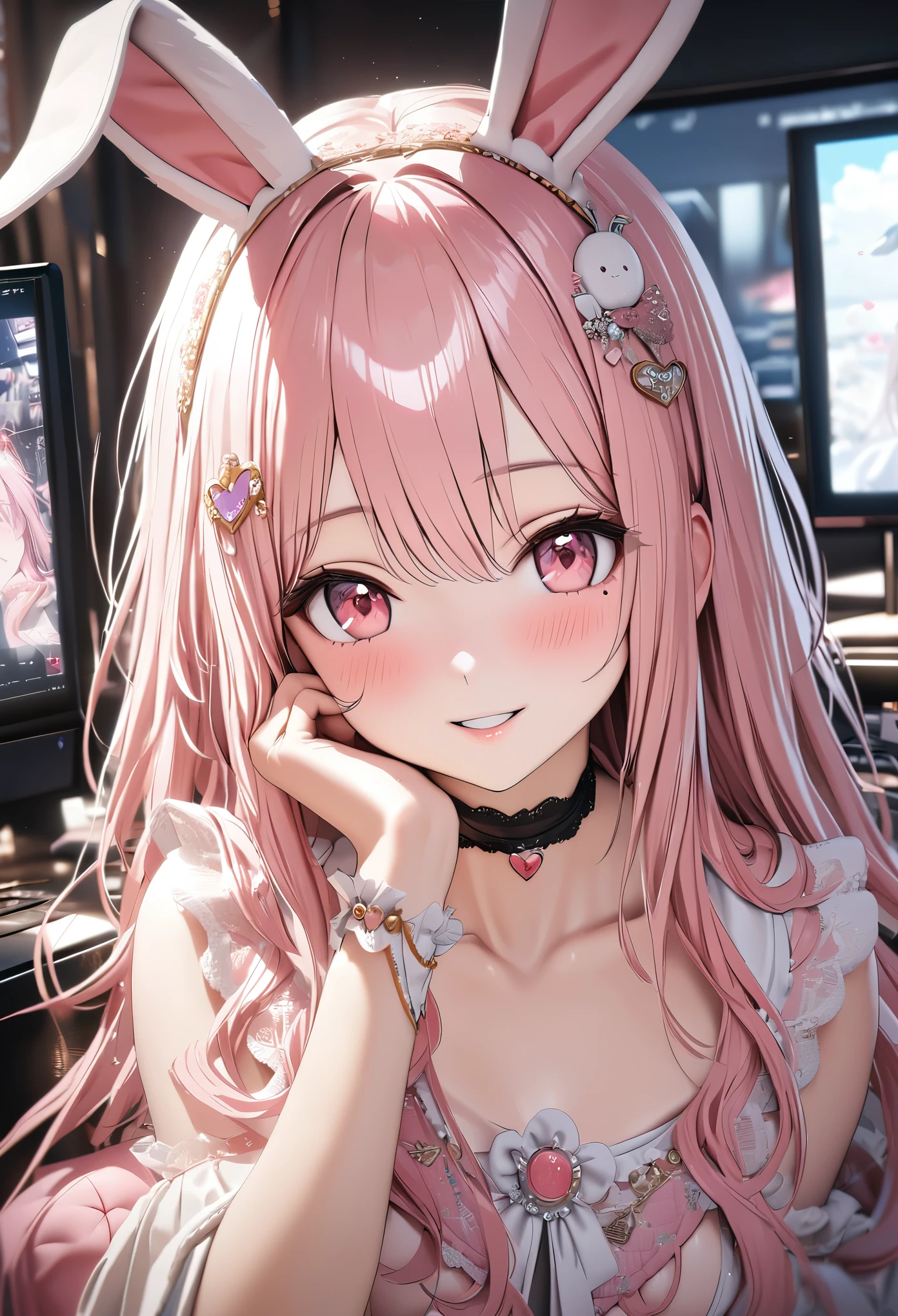 masterpiece,highest quality, Super detailed, High resolution, expensive resolution, HDR, 4k, 8K, unity 8k wallpaper, Super detailed CG, masterpiece, photo realistic, 2D, 3D, beautiful details, depth, fine texture , super fine: 1.3, Fully focused, Crispy.skin, .he,
Very cute anime girl with Pink semi-long hair wearing expensive , one girl, smile、alone, Pink semi-long hair, animal ears, rabbit ears, Idol、Cute costumes、computer、disk、mole under the eye, looking at the viewer , expensive , blush, mole, rabbit ears, parted lips, hair ornaments, heart, pink eyes, choker