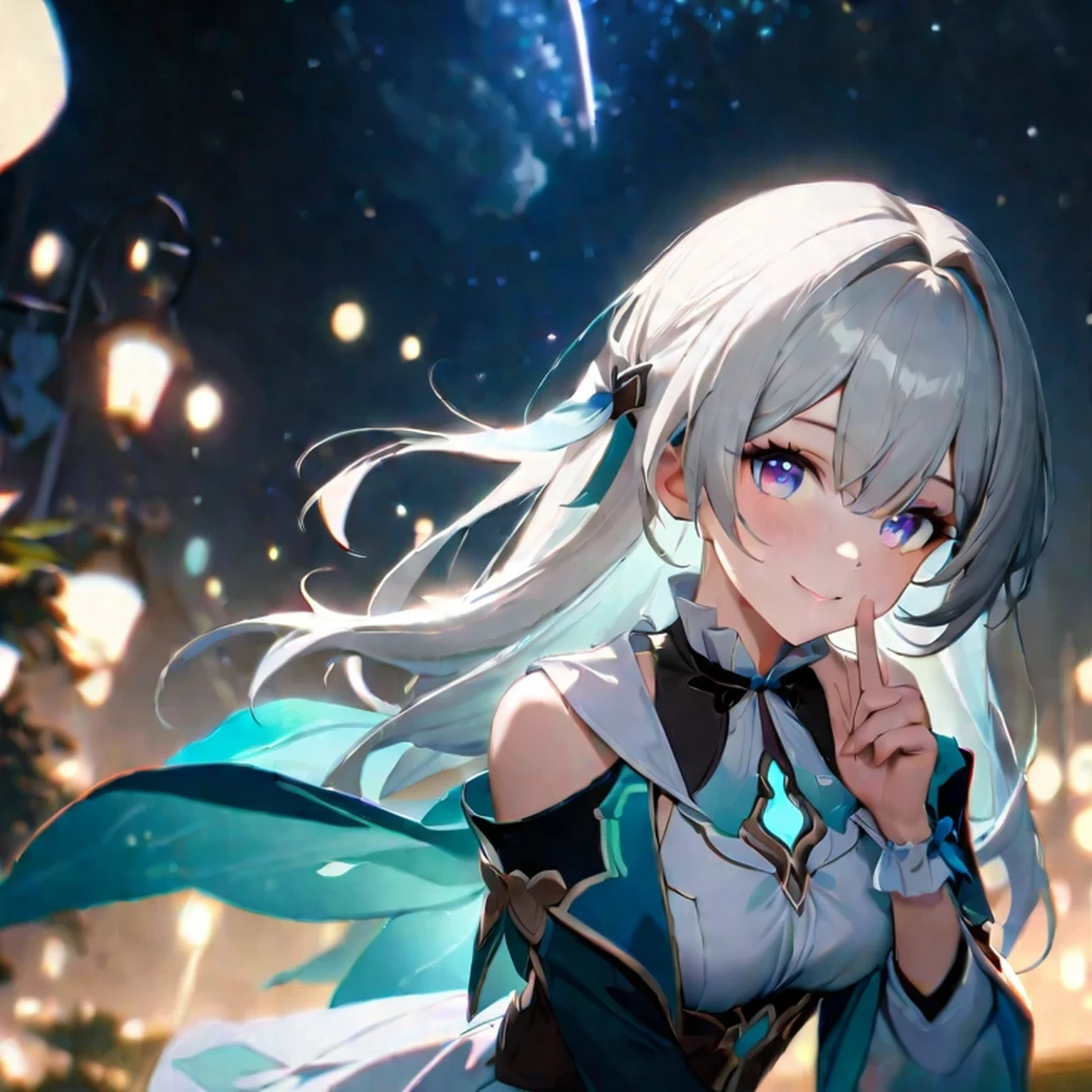 1girl,Firefly, firefly (honkai: star rail),shushing,white hair,smile,leaning_forward,standing,looking_at_viewer,outdoors,full_moon,meteor_shower,night_sky,masterpiece,best quality,4k,ultra-detailed,realistic,bokeh,portrait,blue tones,soft lighting,whimsical,enchanted garden,floating flowers,luminous stars,