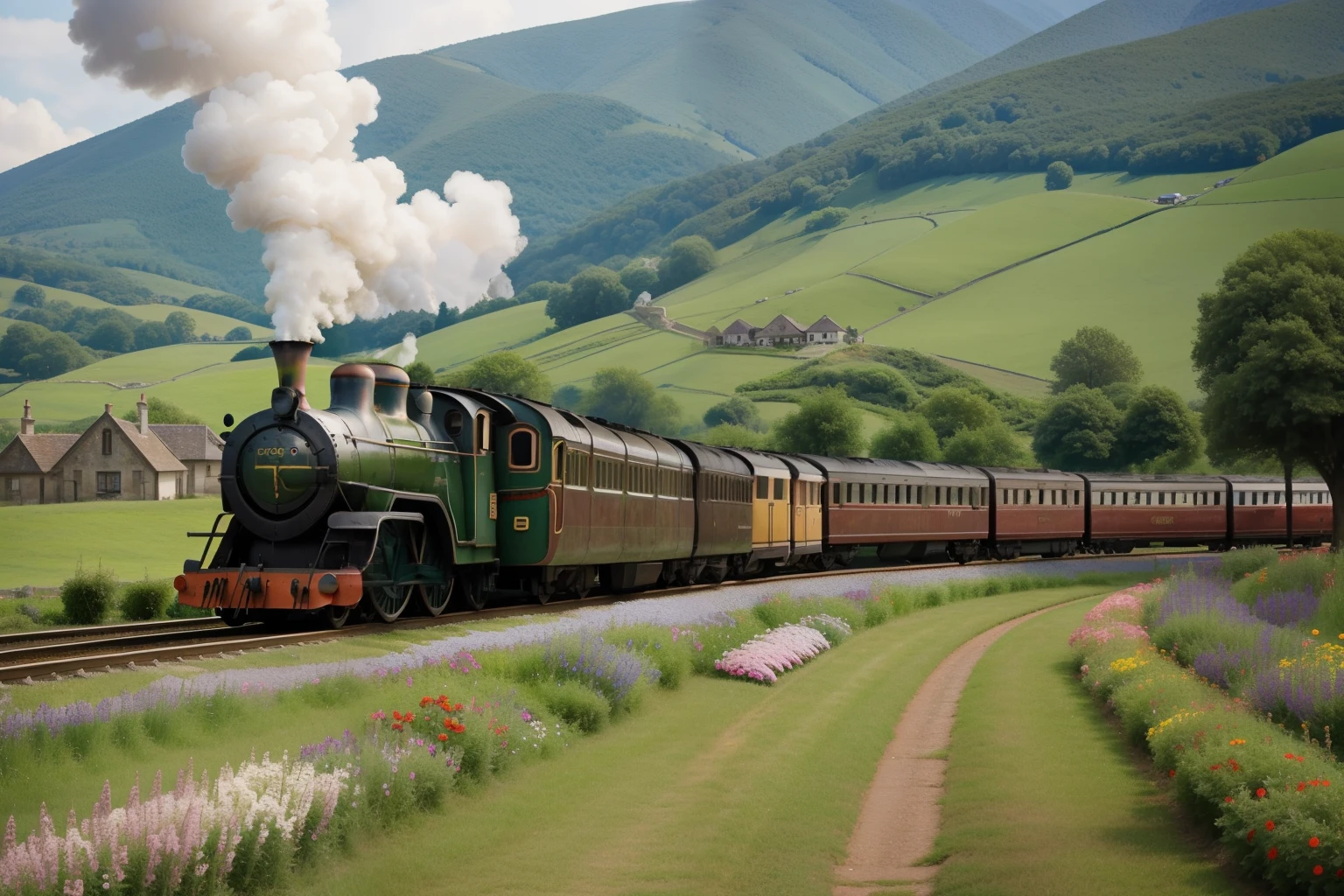 A nostalgic train journey aboard a vintage steam locomotive winding through picturesque countryside vistas. Characters peer out of the train windows at rolling hills, quaint villages, and vibrant fields of flowers in full bloom. The rhythmic chug of the train and the clickety-clack of the tracks add to the nostalgic charm of the May excursion.