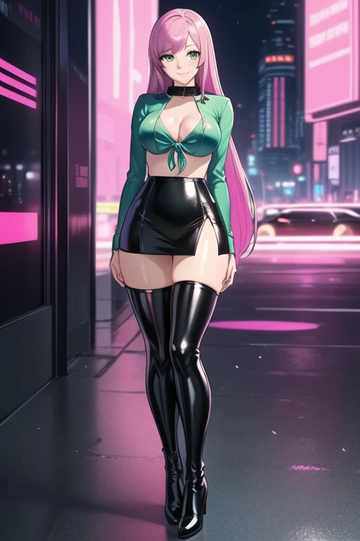 1 girl, 19 years old, Long pink hair, green eyes with slit pupils, master-piece, best quality, (standing up), (pink shirt), (long sleeve pink front-tie crop top, black leather pencil mini skirt, patent leather high heel boots, cleavage), (Big , ultra gigantic , Super super big, Glamorous body), Make eye contact with the camera, front figure, looking forward, (light_Smile:1.5), (Detailed hands and fingers:1.2) (Cyberpunk City), (FULL BODYSHOT), thighs thighs thighs thighs、beauty legs、