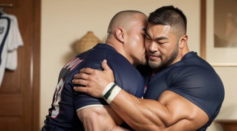 (hugging:1.4), (kissing:1.4), (at rugby uniform:1.4), (at bedroom:1.4), 40's, Japanese man, Chinese man, Korean man, Taiwanese man, manly face, fat face, (round face:1.4), (monolid eyes:1.2), (buzz cut:1.6), very large and strong body, bulky body, beefy muscles, (bulging muscles:1.4), (very large pectoral muscles:1.4), (muscular arms:1.4), muscular abs, muscular legs, muscular back, brightens oily skin, master piece, (realistic:1.4), panorama, distant view