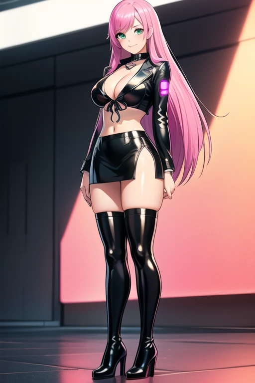 1 girl, 19 years old, Long pink hair, green eyes with slit pupils, master-piece, best quality, (standing up), (pink shirt), (long sleeve pink front-tie crop top, black leather pencil mini skirt, patent leather high heel boots, cleavage), (Big , ultra gigantic , Super super big, Glamorous body), Make eye contact with the camera, front figure, looking forward, (light_Smile:1.5), (Detailed hands and fingers:1.2) (Cyberpunk City), (FULL BODYSHOT), thighs thighs thighs thighs、beauty legs、