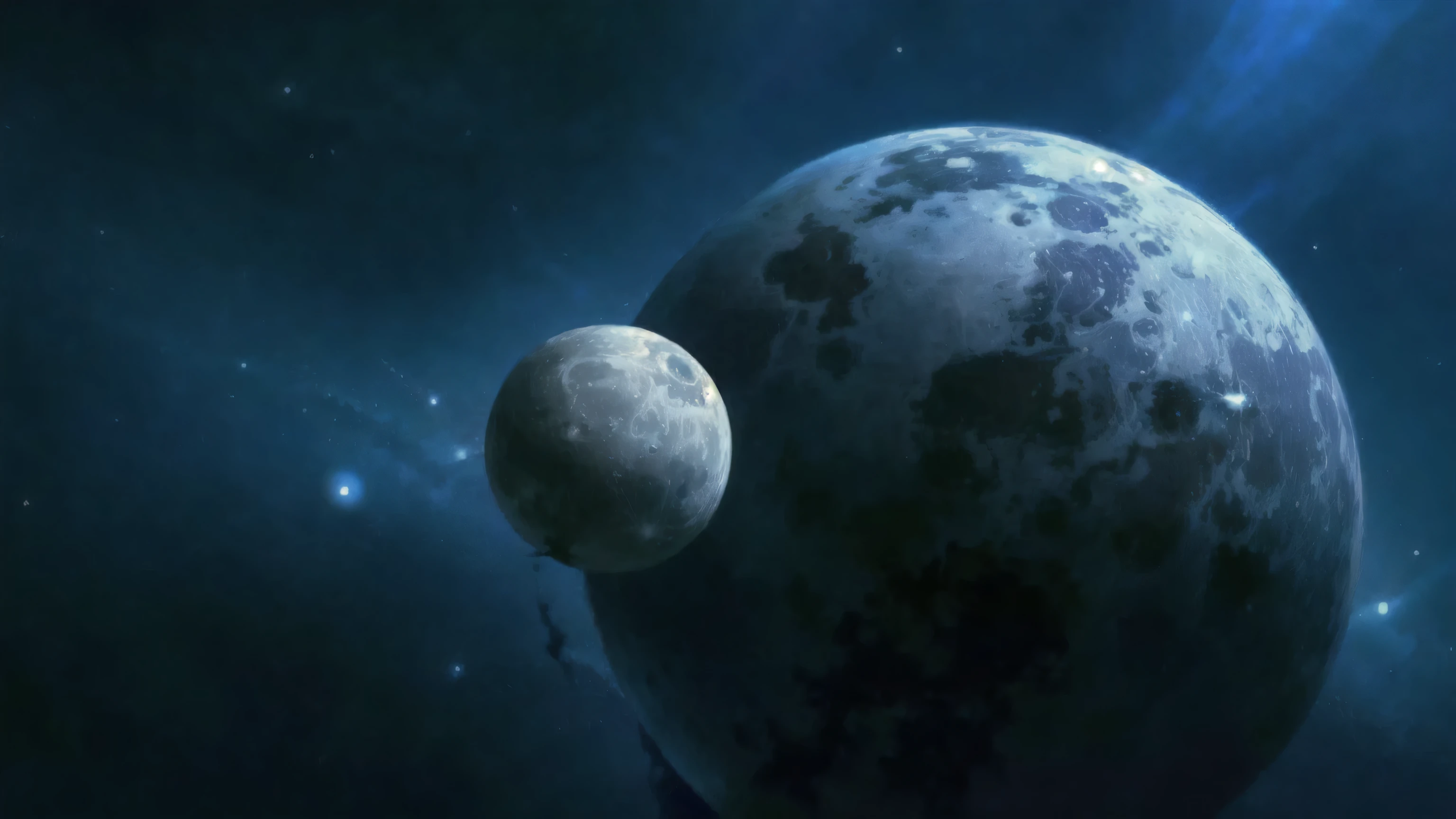 Close-up of two planets and stars in the sky, planet behind, large Planets in the background, floating planet and moons, The moon orbits other satellites, planets and stars, two moons in the sky, two moons, dark blue planet, Planets in the background, floating planet, two pure moons