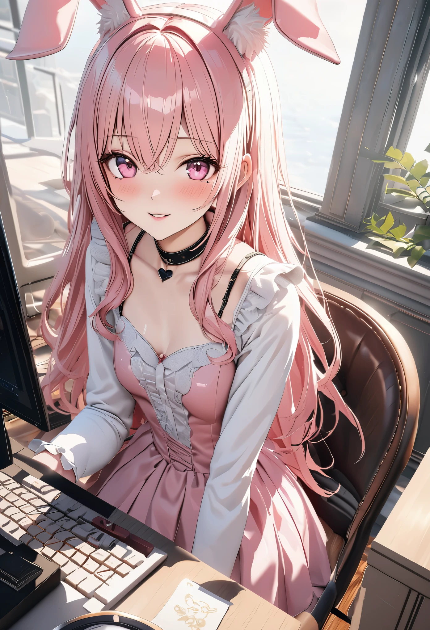masterpiece,highest quality, Super detailed, High resolution, expensive resolution, HDR, 4k, 8K, unity 8k wallpaper, Super detailed CG, masterpiece, photo realistic, 2D, 3D, beautiful details, depth, fine texture , super fine: 1.3, Fully focused, Crispy.skin, .he,
Very cute anime girl with Pink semi-long hair wearing expensive , one girl, smile、alone, Pink semi-long hair, animal ears, rabbit ears, Idol、Cute costumes、computer、disk、mole under the eye, looking at the viewer , expensive , blush, mole, rabbit ears, parted lips, hair ornaments, heart, pink eyes, choker