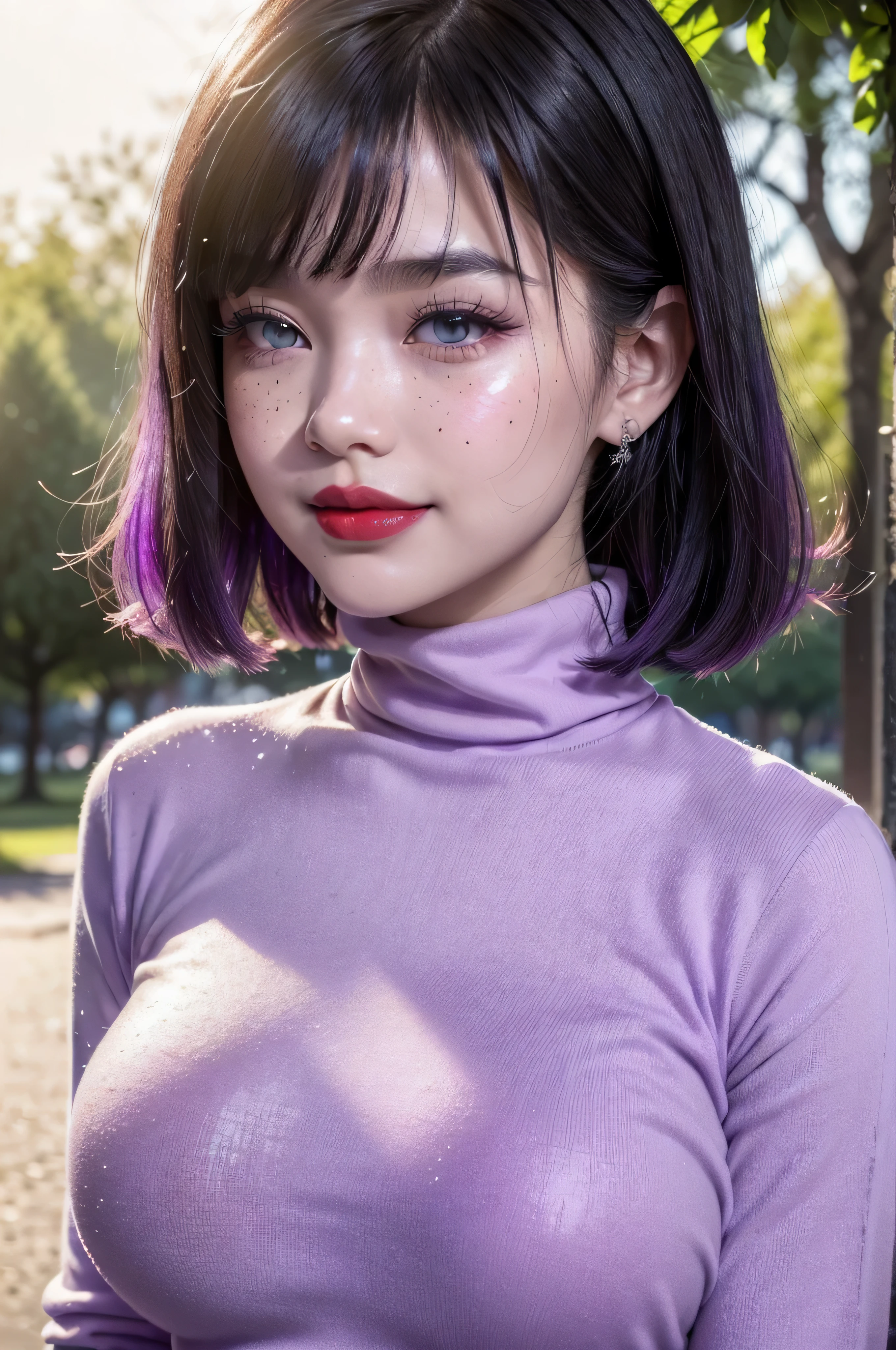 Beautiful young asian , 16 ylo, gothic style, pale white skin, (bright skin:1.3), delicate face, sharp features, short hair, (((bangs))), (((short wavy dark black hair))), (((super dark black hair))), (((light violet sparkly eyes))), (((sharp almond eyes))), double eyelids, (((super long and thick eyelashes))), thick dark eyebrows, small nose, (((lifed big breasts through shirt's fabric))), pointy nose, big mouth, (((full red lips))), deeply blushing, cheek freckles, cute, (((smiling softly))), earring, (((wearing a turtleneck purple shirt))), (((date in the park setting))), Soft sunlight, realistic light and shadows. detailed, (highres:1.2), (enchanced quality:1.4), (Top quality true texture skin), vivid colors, colorful, ultrahigh res, octane render unreal engine, volumetrics dtx, (sunset), (photorealistic:1.4), UHD, sharp focus, hyperrealistic, high quality, 16k.
