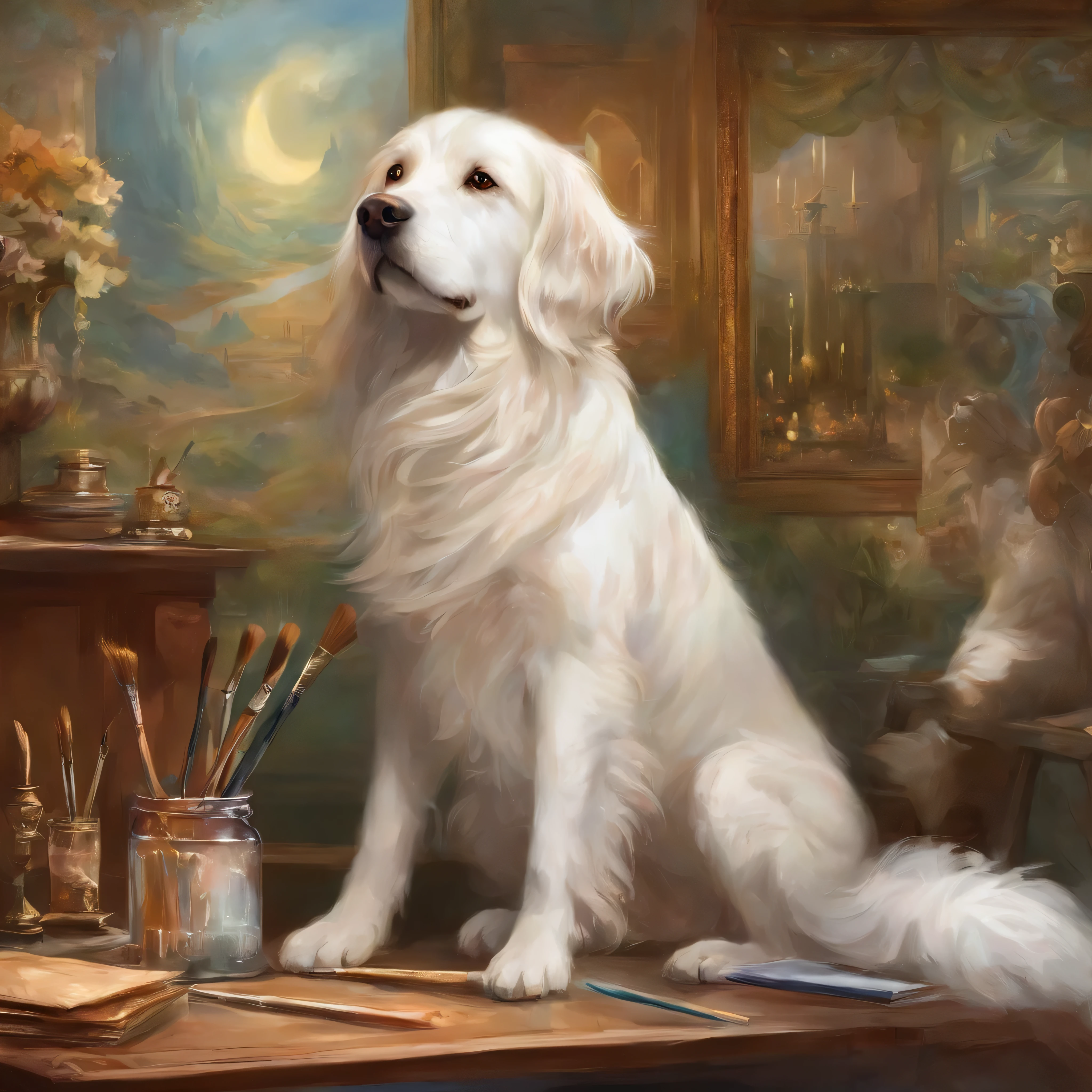 A real picture of a dog holding a brush and drawing himself in a visual artist's room. The details are realistic 