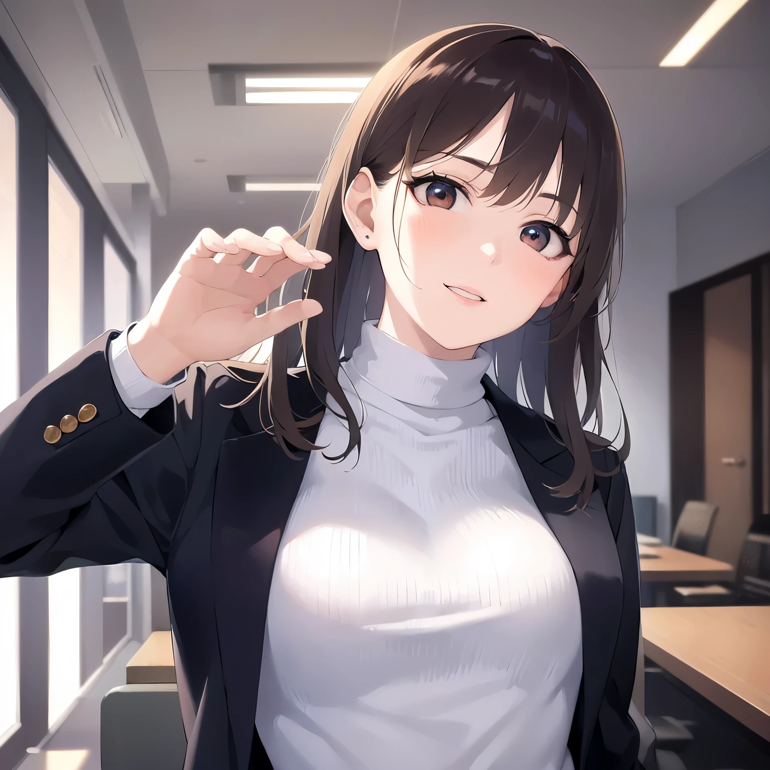 (own hands together:1.2), head tilt、Biologically correct five fingers、Upper Body, Realistic, real person, (pale skin: 1.2), RAW photo, photorealistic, portrait photography, shiny skin, japanese idol、shiny hair、(25 year old woman with medium hair with bangs) and (wavy hair) and (brown hair) and (orange eyes) , (business suit:1.5) and (White turtleneck top) 、smile, The background is the office front desk.、Alone、Are standing