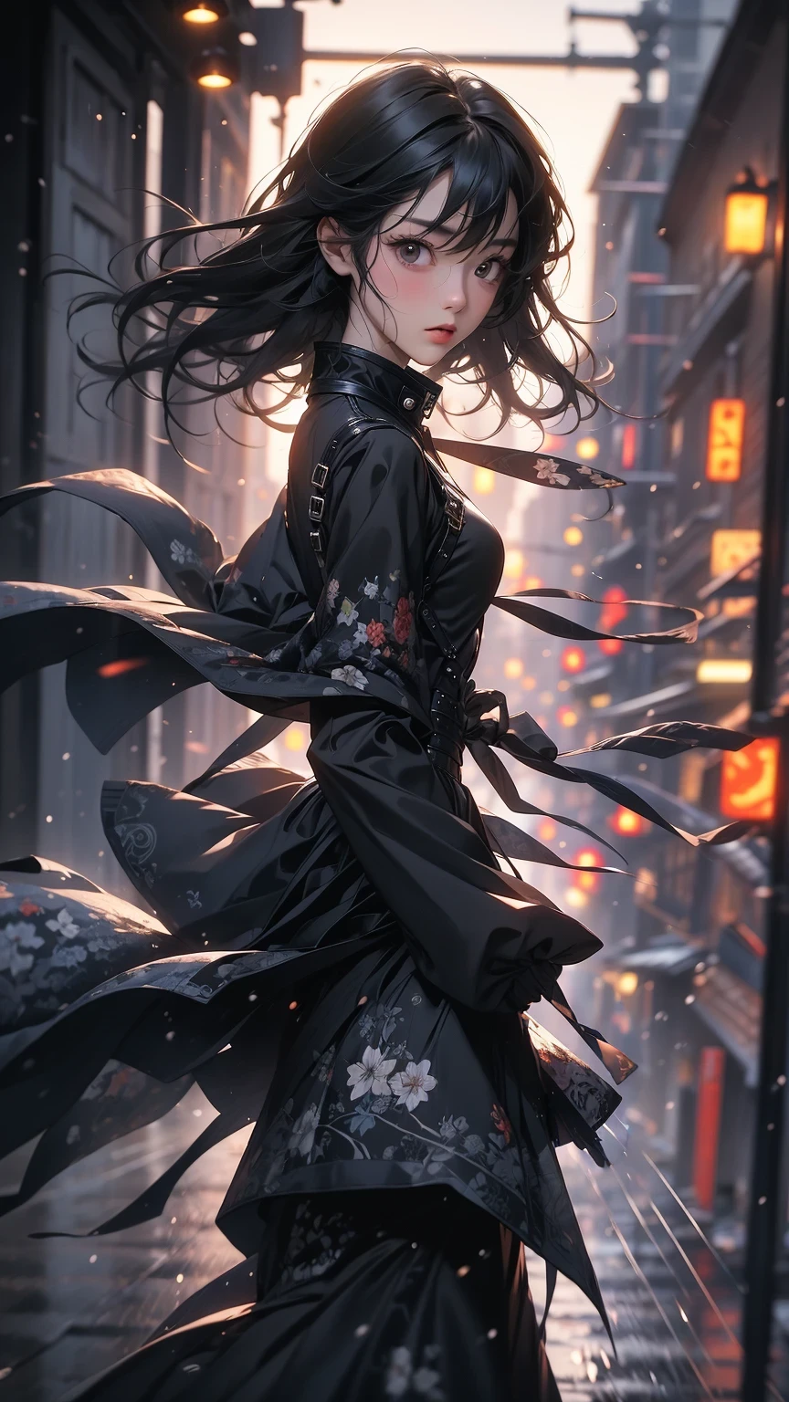 ((Highly detailed CG unit 8k wallpaper, masterpiece, High resolution, highest quality, highest qualityのリアルテクスチャスキン)), ((Hands in pockets pose:1.5, Fashion model posing with her back turned:1.2, A cool NY fashion girl influenced by nostalgic and inorganic mode fashion., detailed costume:1.2, Black complex lace layered maxi skirt and rider jacket combination:1.3, Monotone fashion, short hair, Nana Komatsu, hair wet with rainwater:1.3)), ((blurred background:1.2, An empty back alley with black and white graffiti art:1.2, Rain-soaked road surface)), ((Angle from above:1.3, Fisheye Shot:1.5)), hyper realistic, digital painting, concept art,