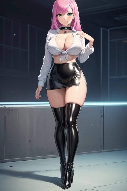 1 girl, 19 years old, Long pink hair, green eyes with slit pupils, master-piece, best quality, (standing up), (pink shirt), (long sleeve pink front-tie crop top, black leather pencil mini skirt, patent leather high heel boots, cleavage),  (Big , ultra gigantic , Super super big, Glamorous body), Make eye contact with the camera, front figure, looking forward, (light_Smile:1.5), (Detailed hands and fingers:1.2) (Cyberpunk City), (FULL BODYSHOT), thighs thighs thighs thighs、beauty legs、