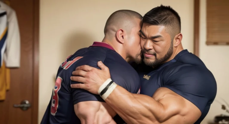 (hugging:1.4), (kissing:1.4), (at rugby uniform:1.4), (at bedroom:1.4), 40's, Japanese man, Chinese man, Korean man, Taiwanese man, manly face, fat face, (round face:1.4), (monolid eyes:1.2), (buzz cut:1.6), very large and strong body, bulky body, beefy muscles, (bulging muscles:1.4), (very large pectoral muscles:1.4), (muscular arms:1.4), muscular abs, muscular legs, muscular back, brightens oily skin, master piece, (realistic:1.4), panorama, distant view