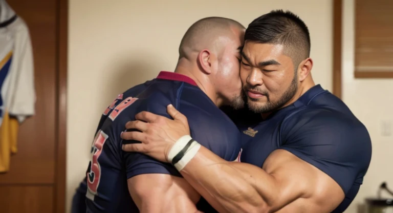 (hugging:1.4), (kissing:1.4), (at rugby uniform:1.4), (at bedroom:1.4), 40's, Japanese man, Chinese man, Korean man, Taiwanese man, manly face, fat face, (round face:1.4), (monolid eyes:1.2), (buzz cut:1.6), very large and strong body, bulky body, beefy muscles, (bulging muscles:1.4), (very large pectoral muscles:1.4), (muscular arms:1.4), muscular abs, muscular legs, muscular back, brightens oily skin, master piece, (realistic:1.4), panorama, distant view